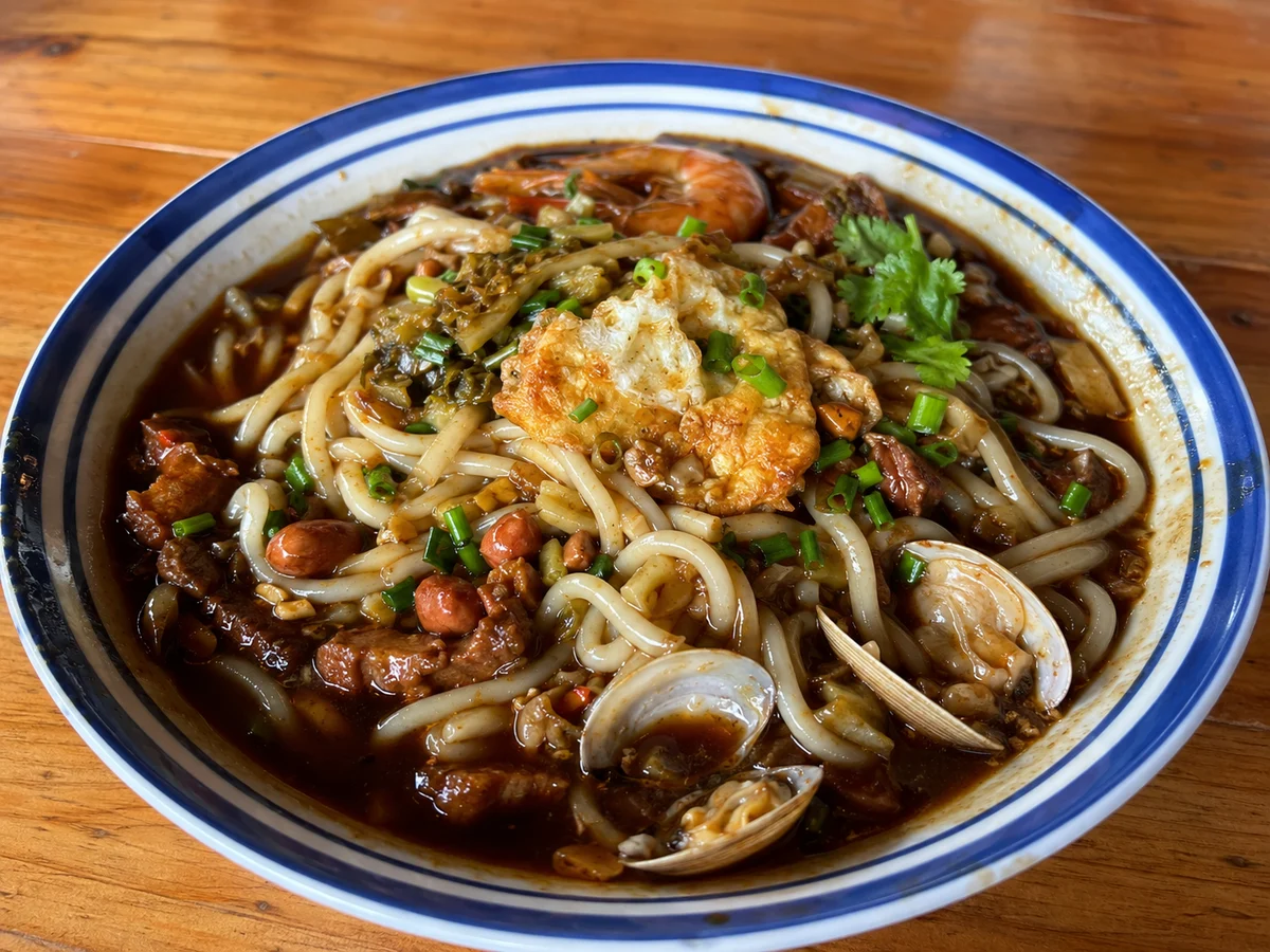 A bowl of thick Baoluo rice noodles with savory broth, peanuts, pork and pickled greens