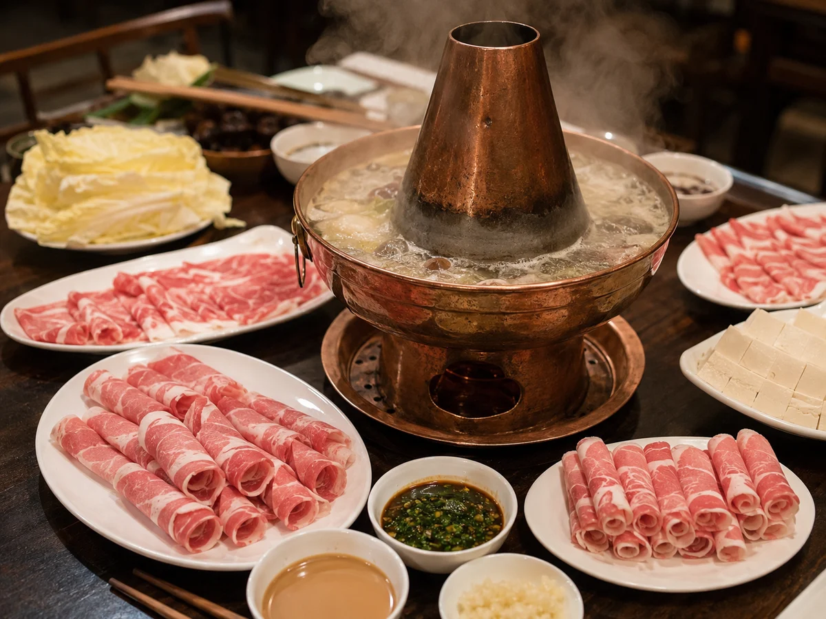 A traditional Beijing copper-pot mutton hot pot with thinly sliced lamb, vegetables and sesame dipping sauce