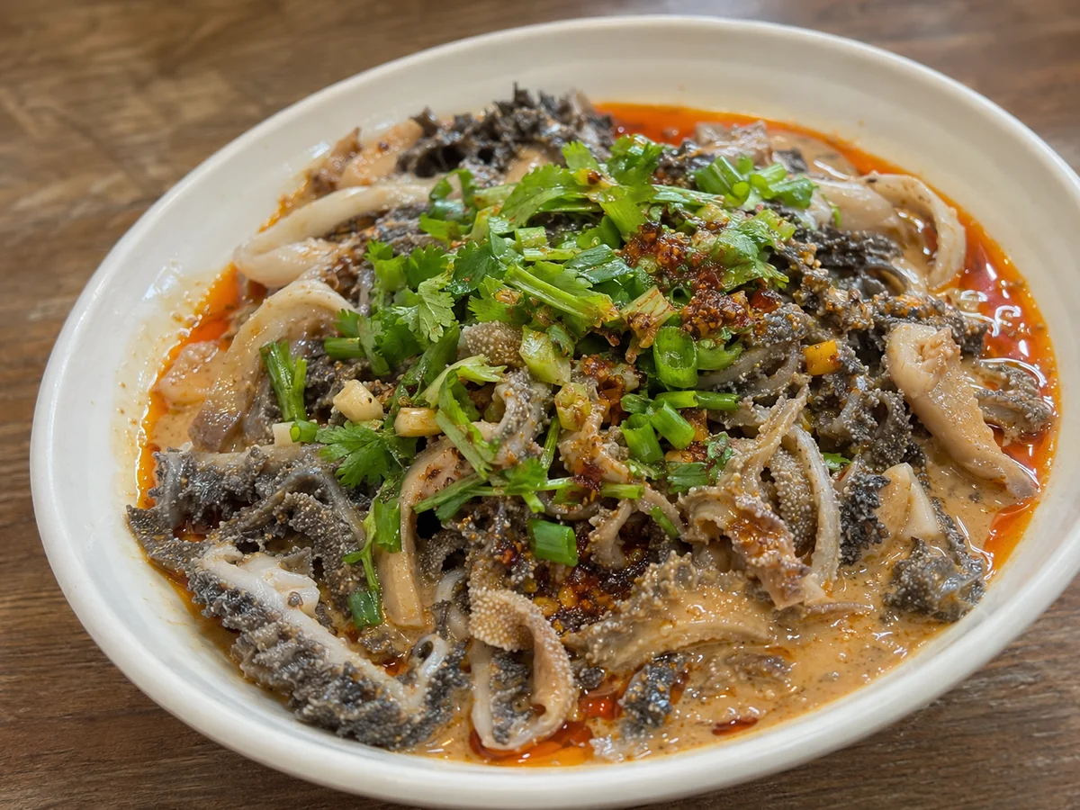 Beijing quick-blanched tripe served with sesame sauce, chilli oil and herbs
