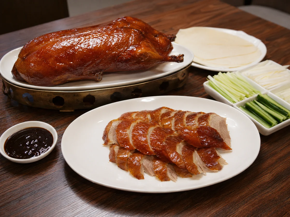 Beijing roast duck with glossy crisp skin, thin pancakes, scallion, cucumber and sweet bean sauce