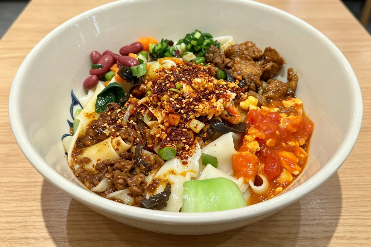 A bowl of wide biang biang noodles with chilli, vegetables and braised beef