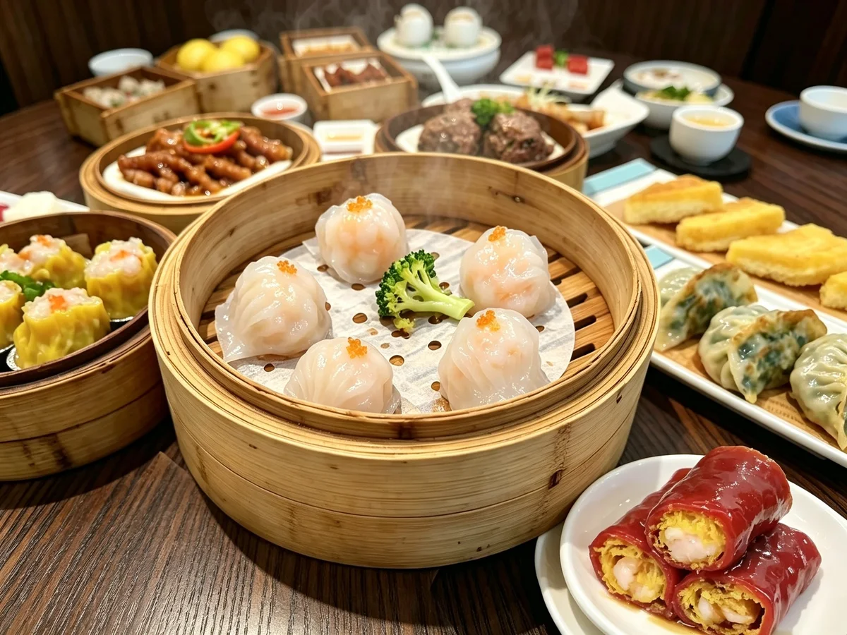 A Cantonese dim sum breakfast spread