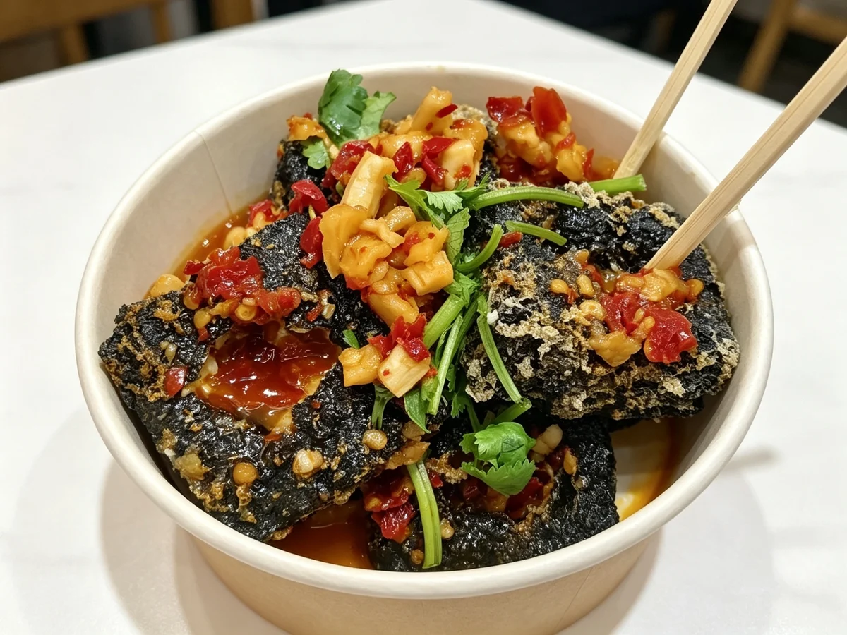 Changsha stinky tofu fried dark and crisp with chilli-garlic sauce and scallions