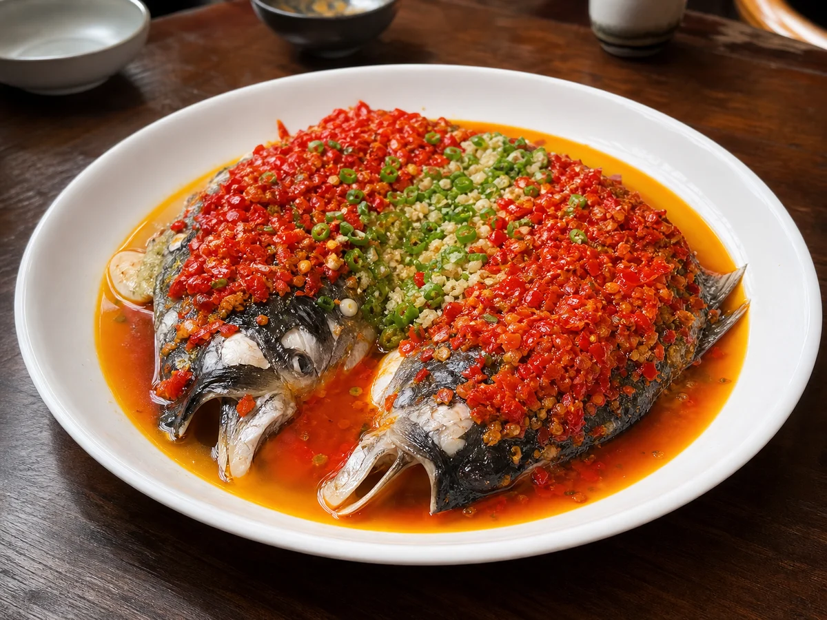 Hunan chopped-chilli fish head steamed beneath red and green fermented chillies, garlic and scallions