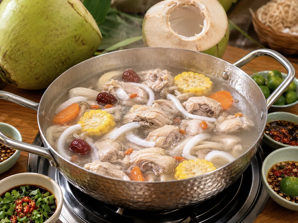 Hainan coconut chicken hot pot simmering with chicken, fresh coconut water, coconut flesh and tropical aromatics
