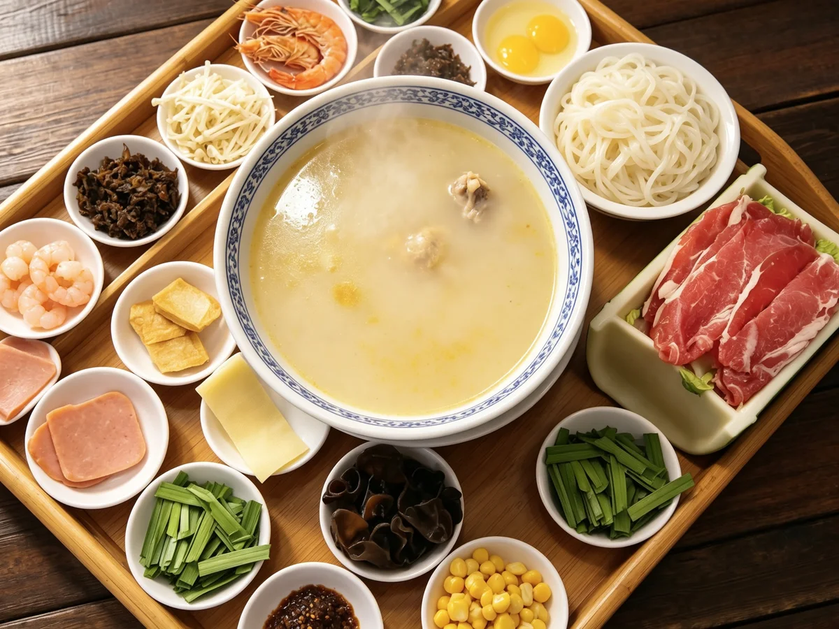 Crossing-the-bridge noodles in Mengzi with hot broth and ingredients arranged in small dishes