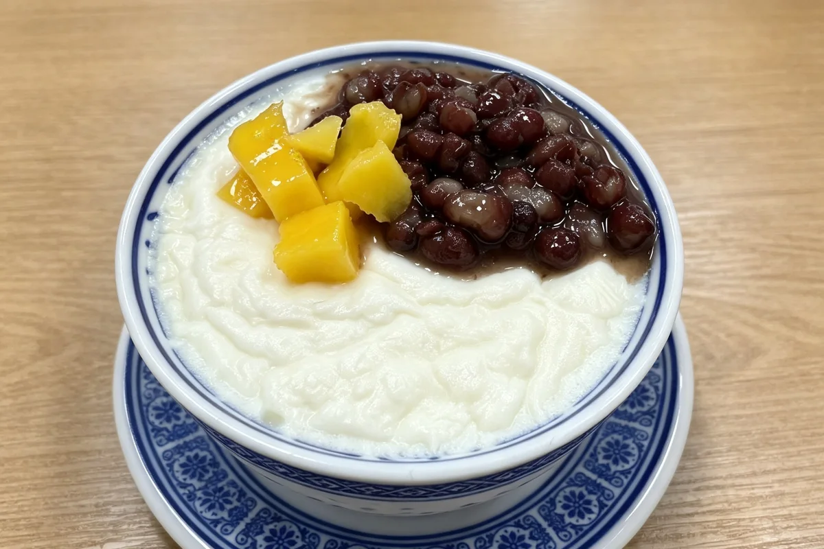 A bowl of Cantonese double-skin milk topped with mango and red beans