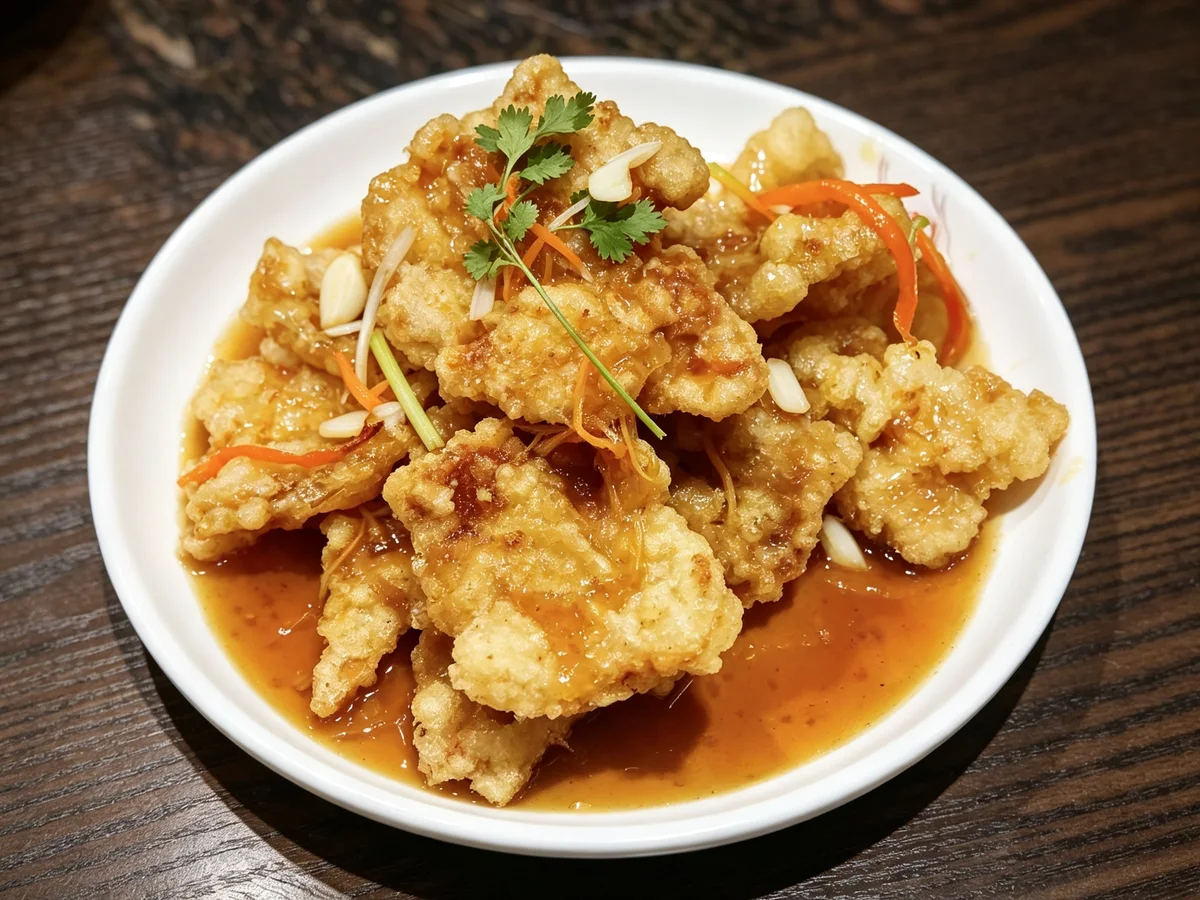 A plate of crisp guo bao rou pork coated in a glossy sweet-and-sour sauce