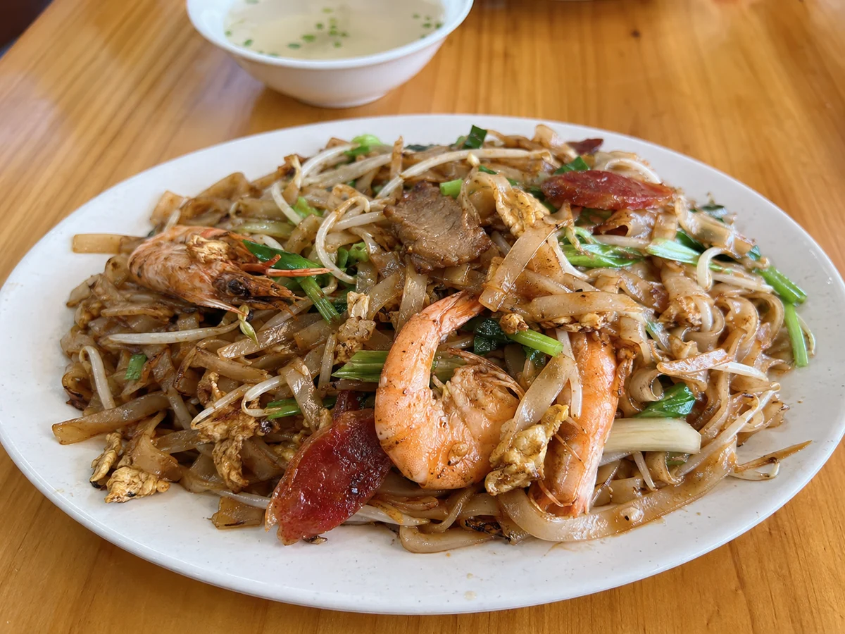Hainan fried rice noodles wok-tossed with vegetables, egg, bean sprouts and savory seasonings