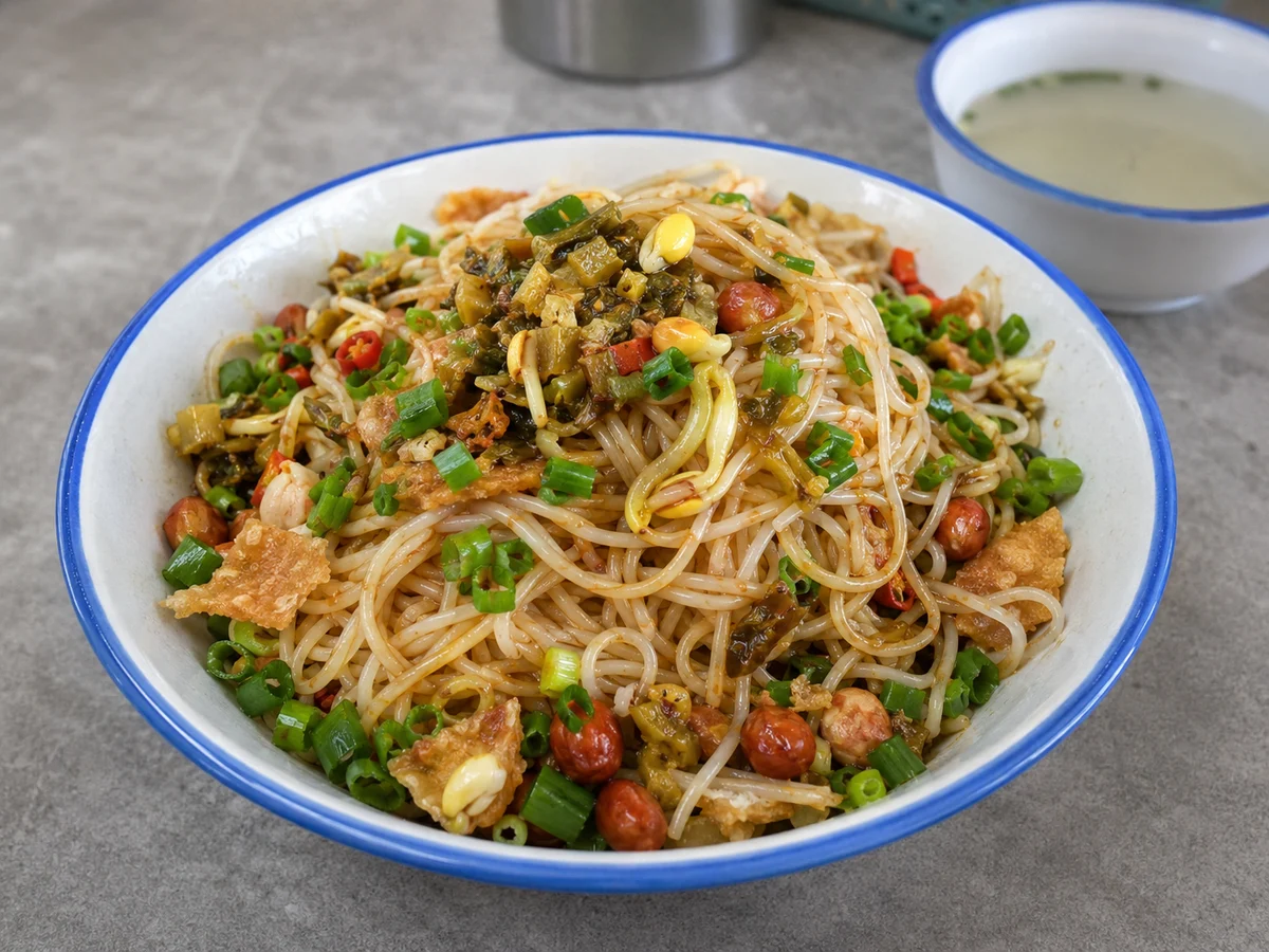 Hainan rice noodles tossed with savory gravy, peanuts, pickled vegetables, herbs and crisp toppings
