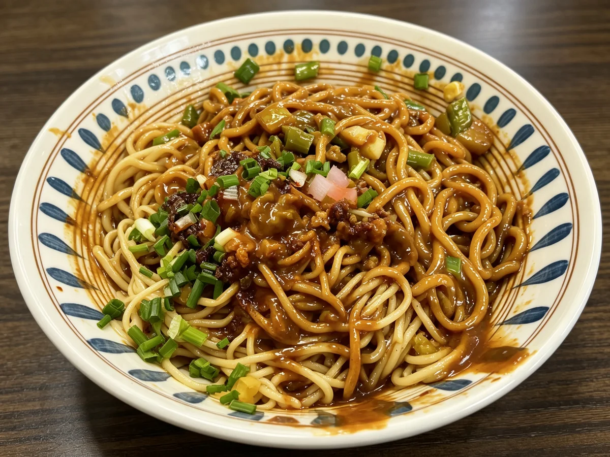 A bowl of Wuhan hot dry noodles topped with pickled vegetables and scallions