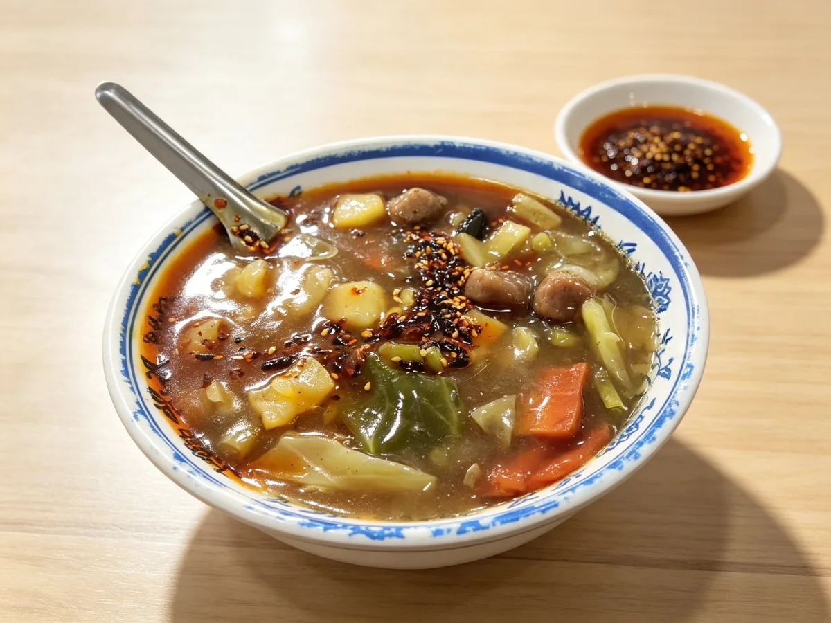 Xi’an meatball hulatang with beef meatballs, potatoes, cabbage, carrots and cauliflower