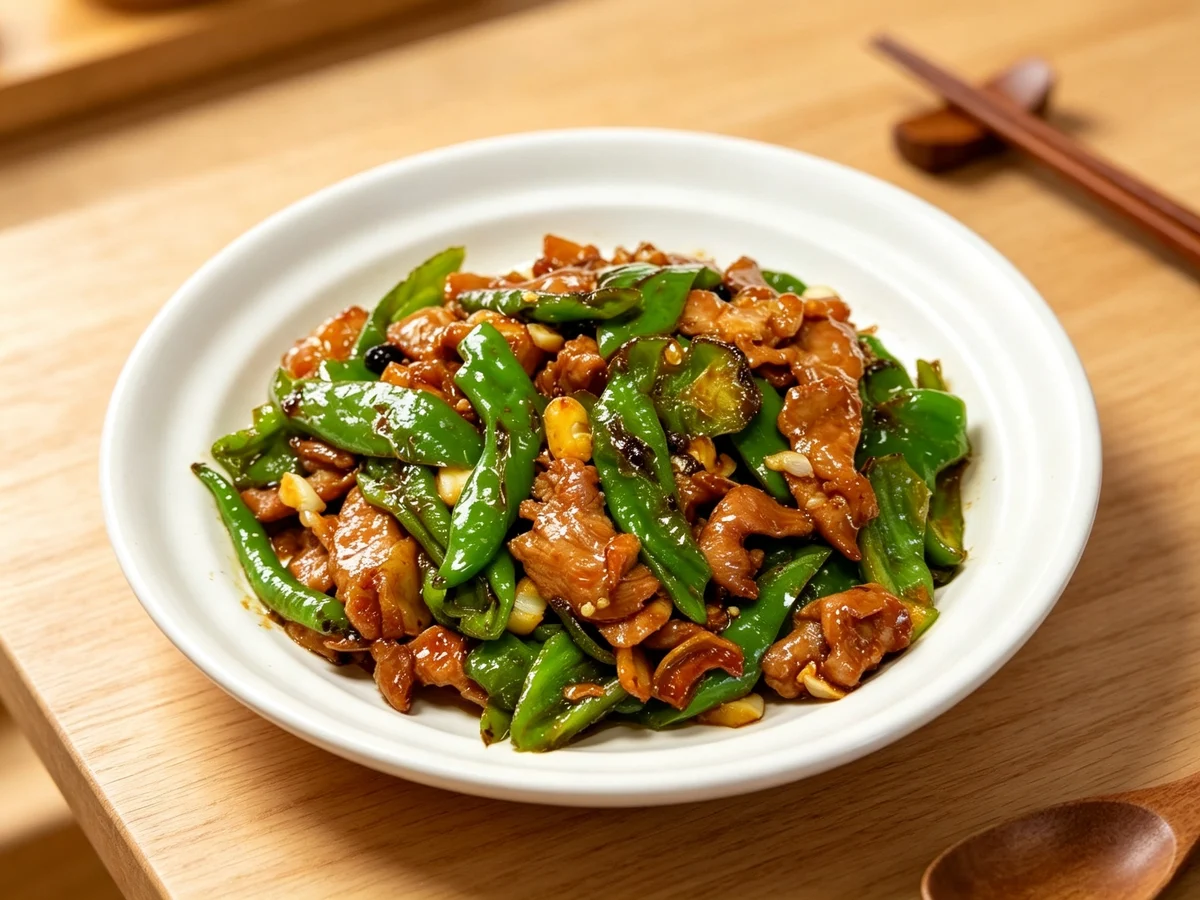 Hunan pork with green chillies, blistered peppers, garlic and glossy wok sauce
