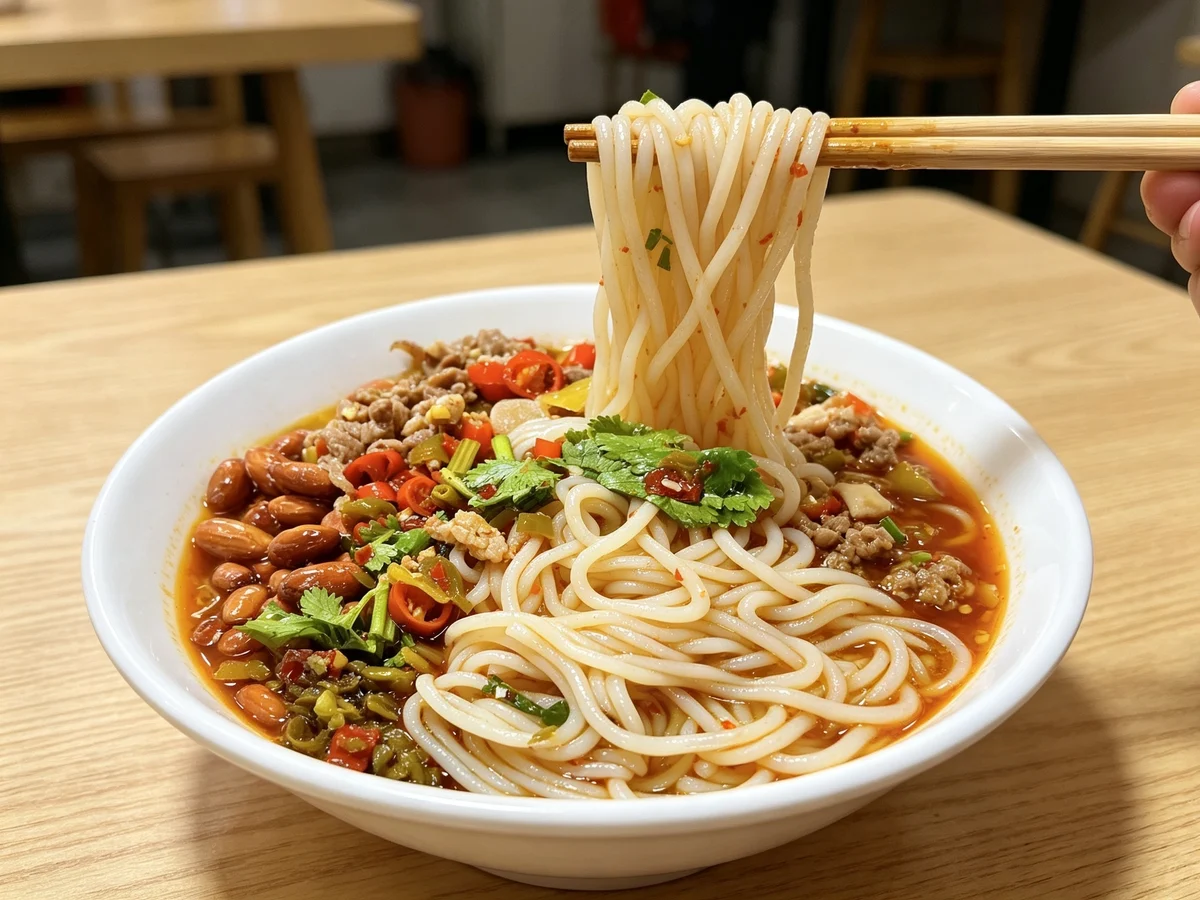 Hunan rice noodles served with savory broth, meat topping, scallions and chilli condiments