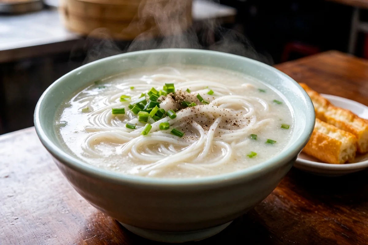 Wuhan hutang rice noodles in peppery fish broth served with fried dough