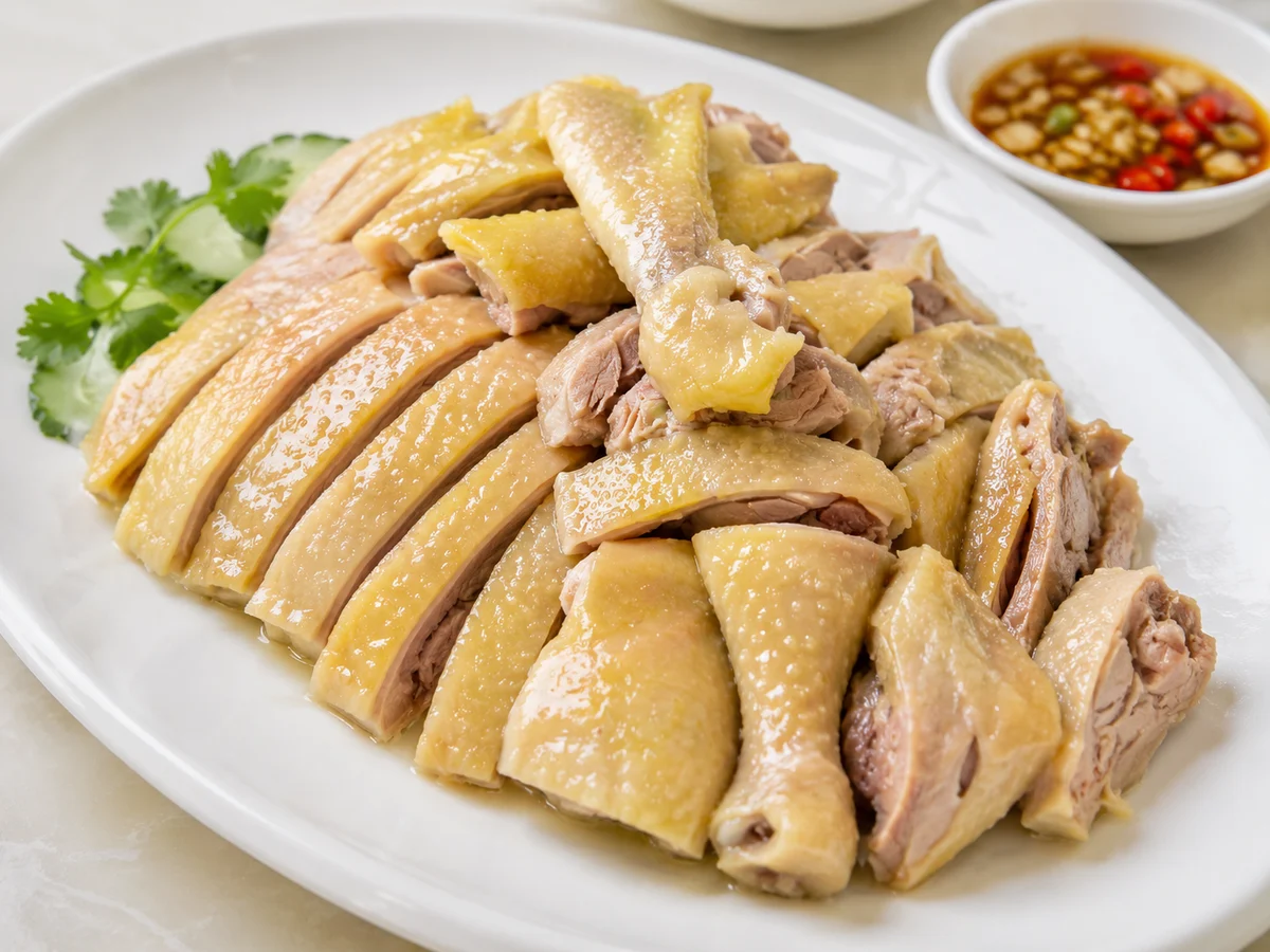 Hainan Jiaji duck sliced and served with a garlic-and-vinegar dipping sauce