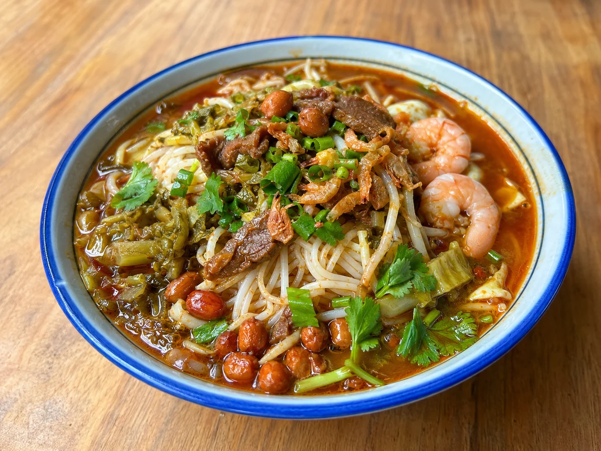 Lingshui sour rice noodles with a tangy sauce, peanuts, herbs, vegetables and seafood toppings
