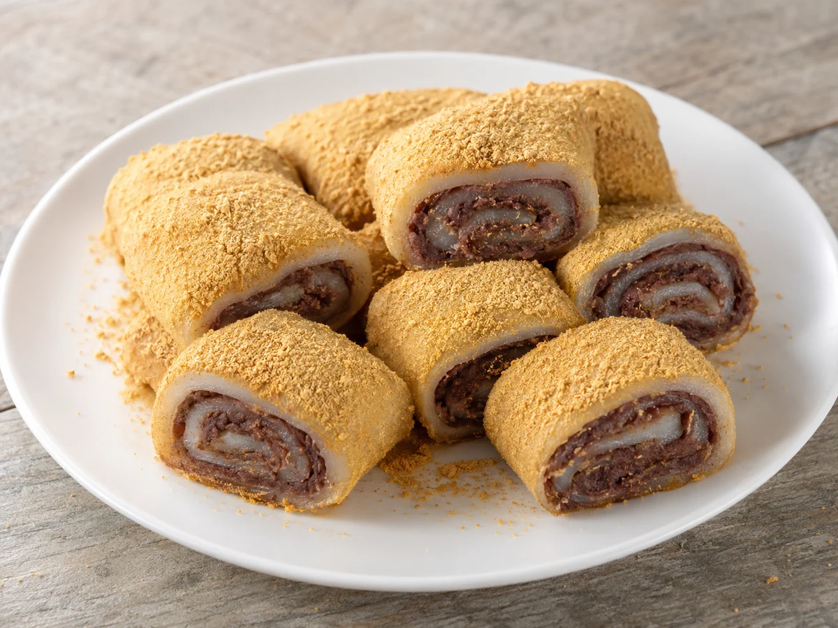 Beijing ludagun glutinous rice rolls filled with red bean paste and dusted with roasted soybean flour