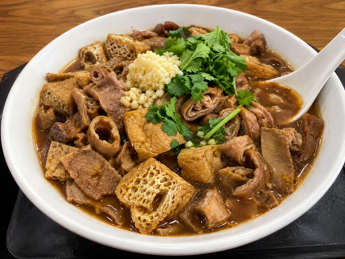 A bowl of Beijing luzhu huoshao with braised pork offal, tofu and pieces of wheat flatbread
