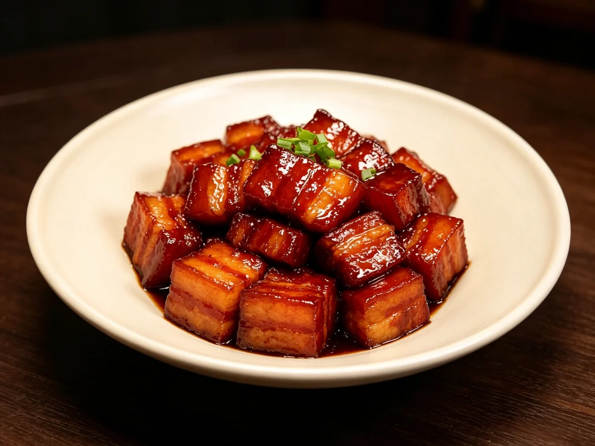 Mao-style red-braised pork belly cubes with glossy red caramel glaze in a white bowl