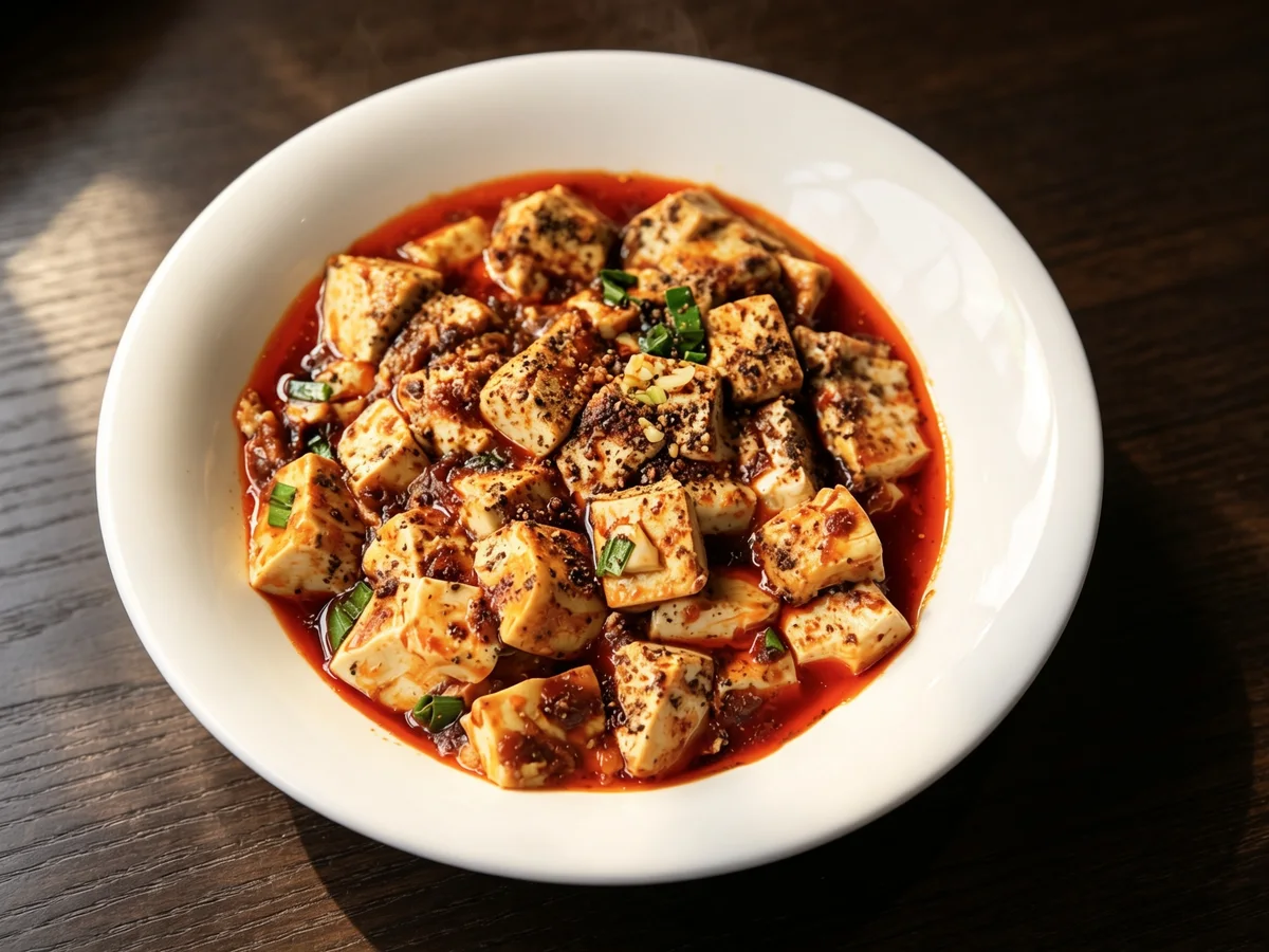 Sichuan-style mapo tofu in a red chilli and fermented bean sauce