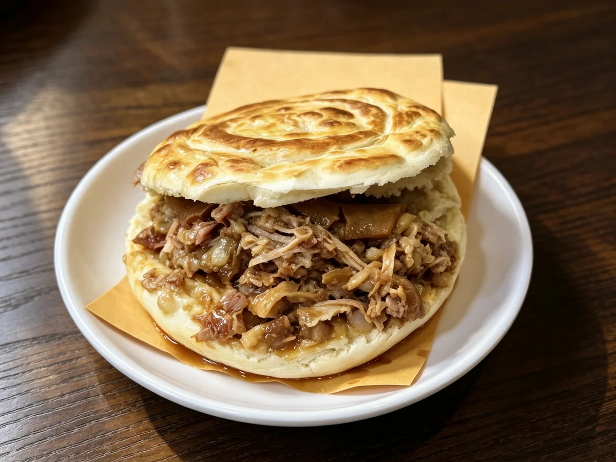 Three Xi’an-style roujiamo flatbreads filled with braised meat