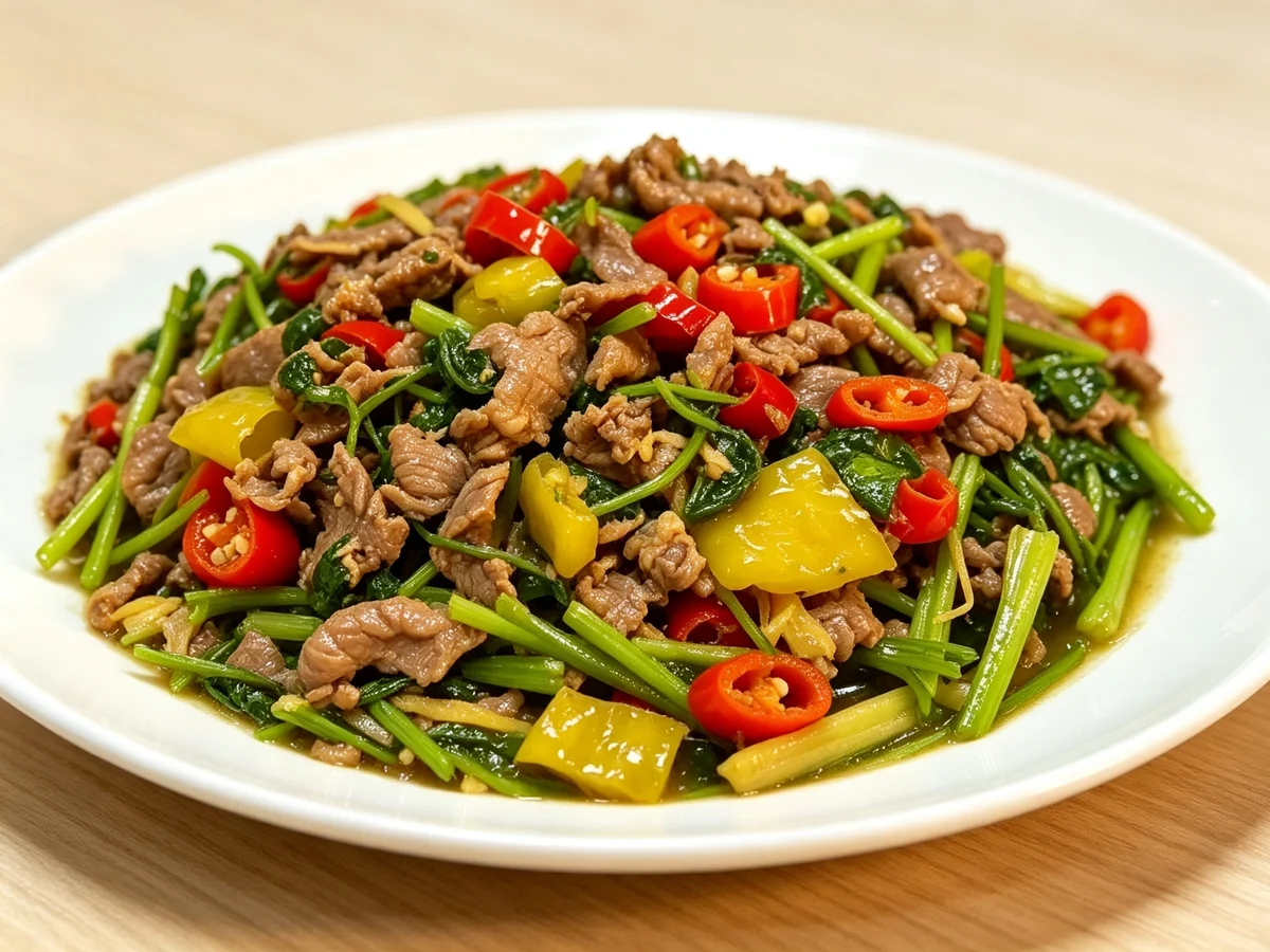 Hunan stir-fried yellow beef with red chillies, yellow pickled peppers and fresh green herb stems