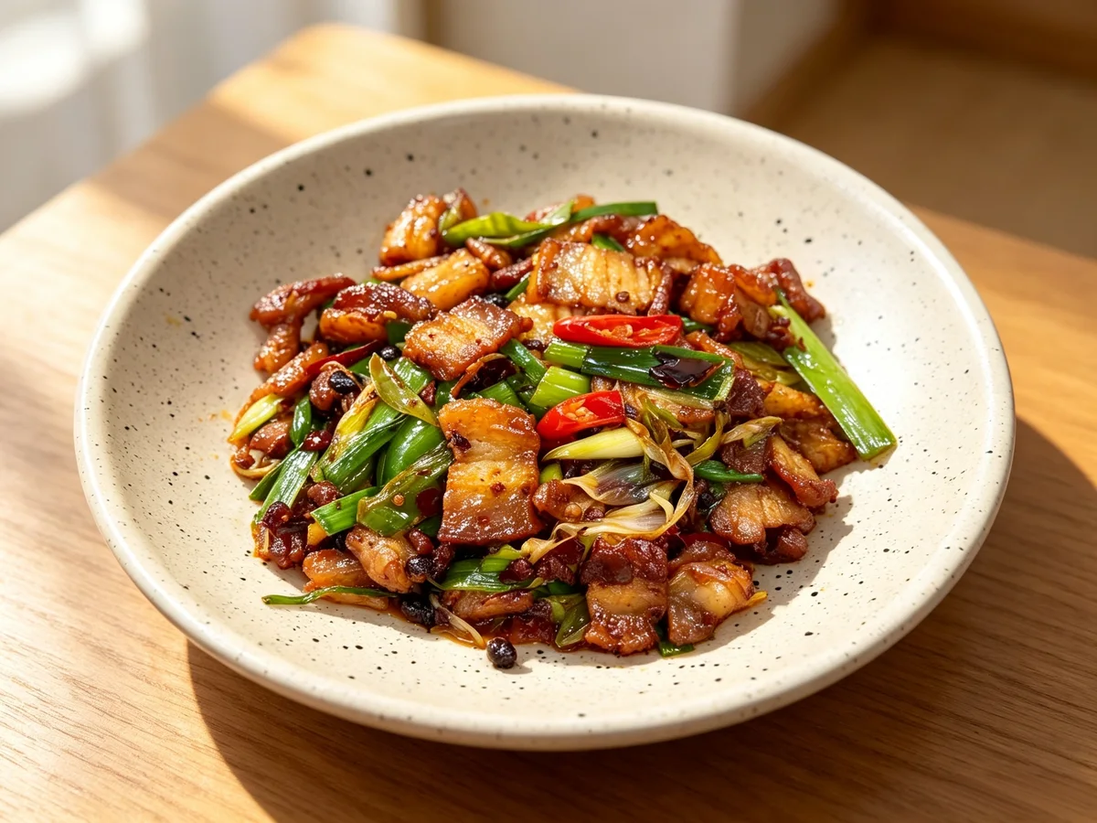 Twice-cooked pork with peppers and leeks
