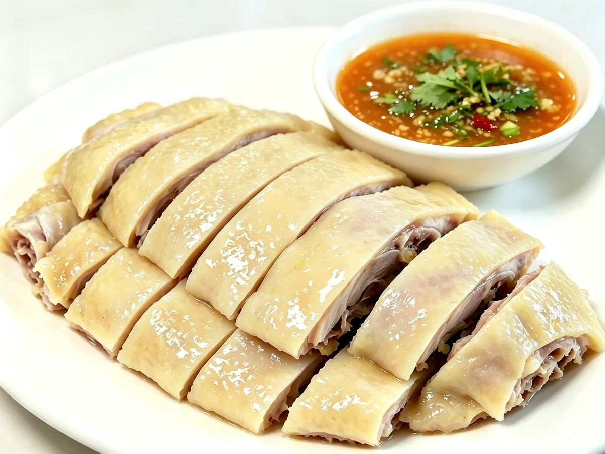 Poached Hainan Wenchang chicken chopped bone-in and served with fragrant dipping sauces