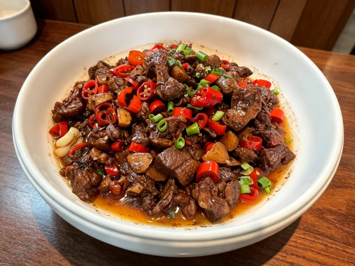 Yongzhou blood duck with chopped duck pieces coated in a dark spicy glossy sauce