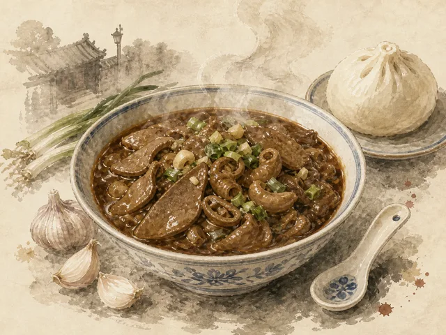 Illustration of Beijing chao gan in a glossy stew bowl with garlic and steam