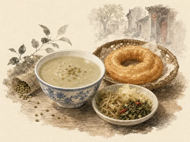 Illustration of Beijing douzhi with pickles and a fried ring