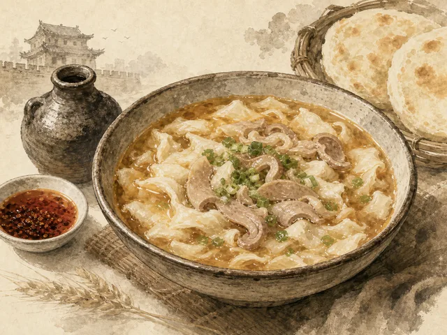 Illustration of Shaanxi hulutou paomo broth with torn flatbread pieces and vinegar