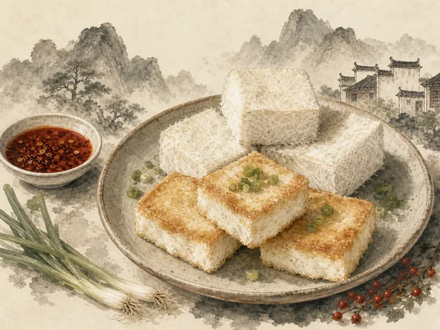 Illustration of cooked hairy tofu blocks with delicate fermentation filaments
