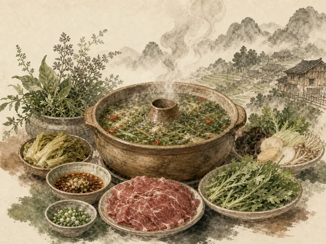 Illustration of Guizhou niubie hot pot with bitter green broth and mountain herbs