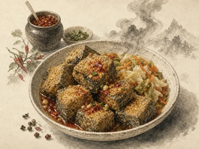 Illustration of fried stinky tofu cubes with chilli sauce, pickles and aroma lines