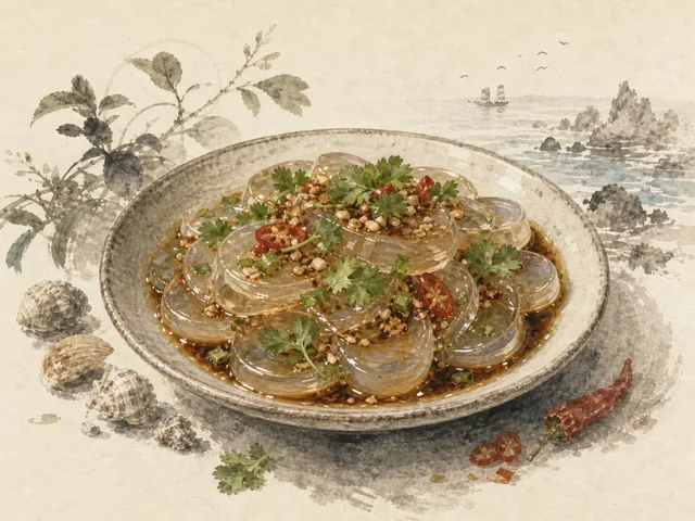 Illustration of translucent Fujian tusun jelly with sauce and herbs