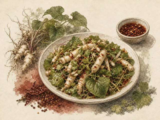 Illustration of zhe'ergen fish mint roots and leaves with chilli dipping sauce