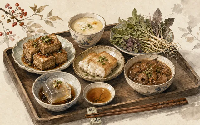 Illustrated tasting tray of Chinese acquired-taste foods with tofu, herbs, jelly, stew and chopsticks