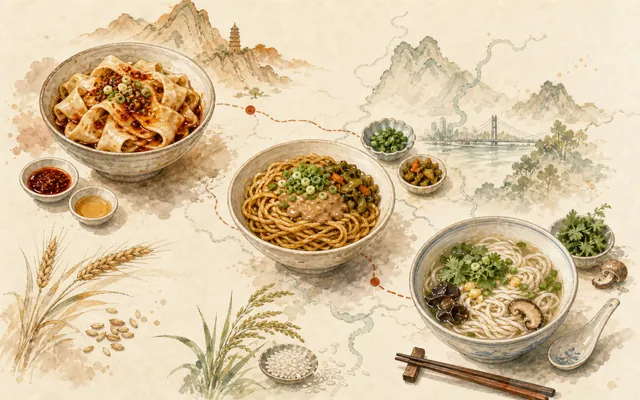 Illustrated regional noodle map with Shaanxi wide noodles, Wuhan hot dry noodles and Yunnan rice noodles