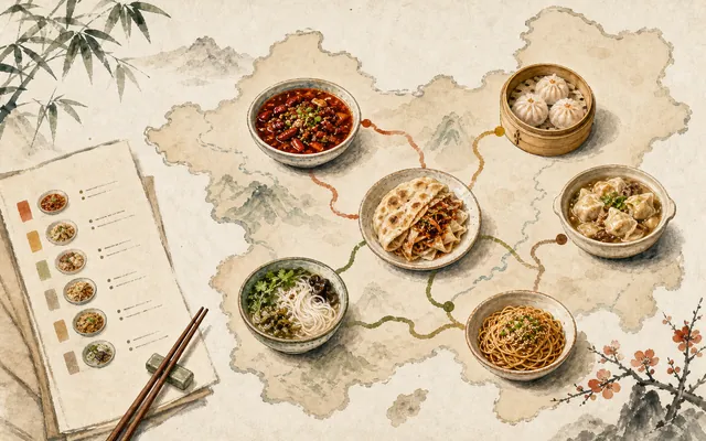 Illustrated ordering map with regional Chinese dishes, chopsticks and menu clues
