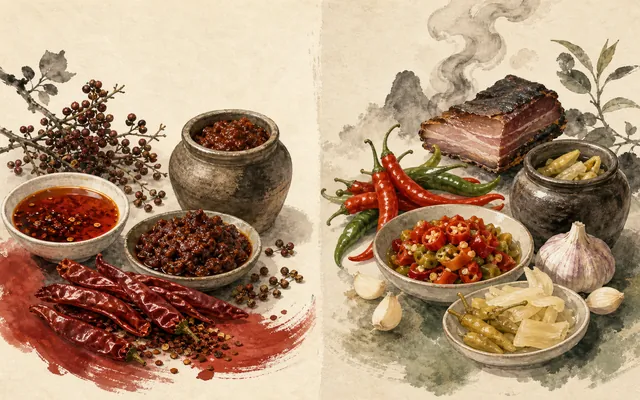 Illustration comparing Sichuan pepper, chili oil and fermented bean paste with Hunan fresh and pickled chilies