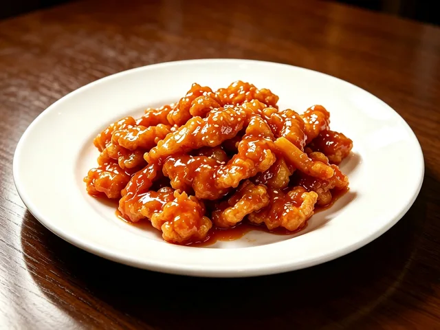 Photo-style editorial image of sweet-and-sour pork tenderloin pieces coated in glossy red sauce