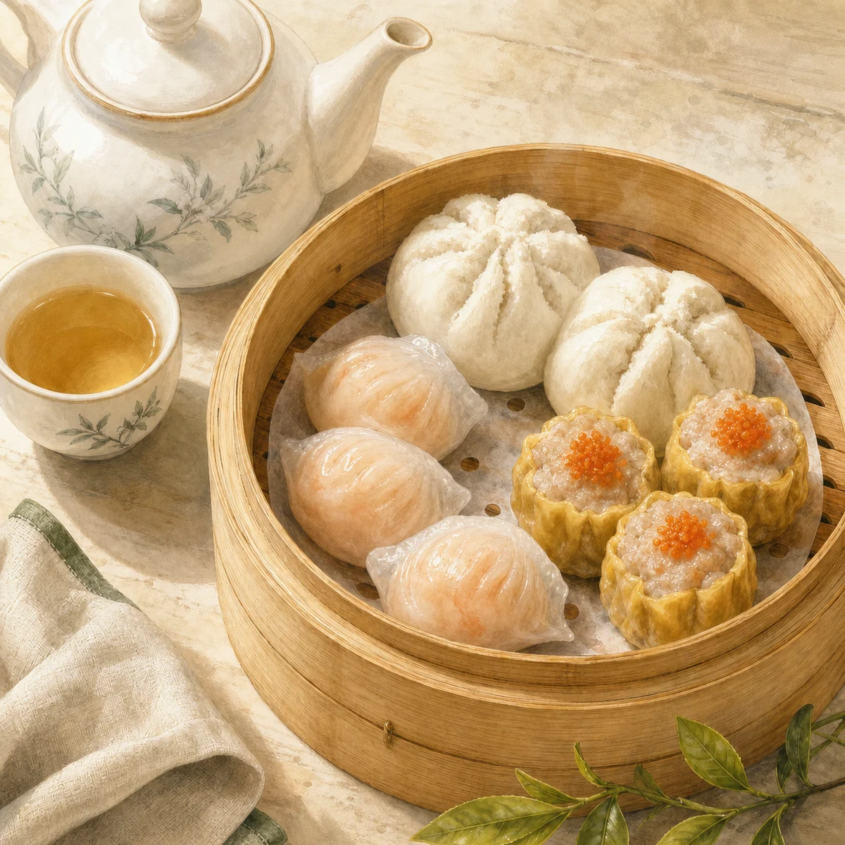 A warm hand-painted Guangdong yum cha scene with har gow, siu mai, char siu bao and tea