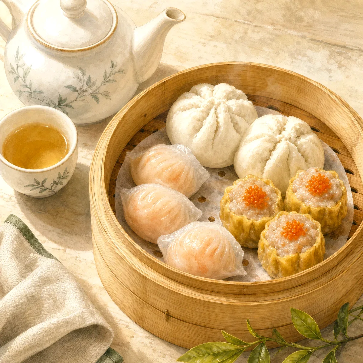 A warm hand-painted Guangdong yum cha scene with har gow, siu mai, char siu bao and tea